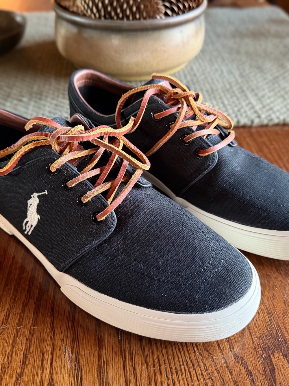 Polo by Ralph Lauren Black Canvas Sneakers with Tan Accent Laces Size 10
